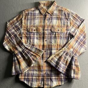 Angry Minnow Vintage Flared Bell Sleeve Flannel Splatter Shirt Womens Sz S